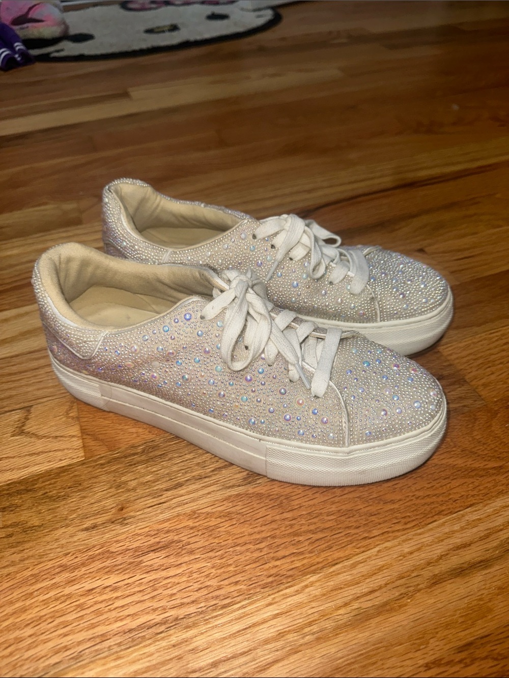 Betsey Johnson Iridescent Crystal-Studded White Sneakers